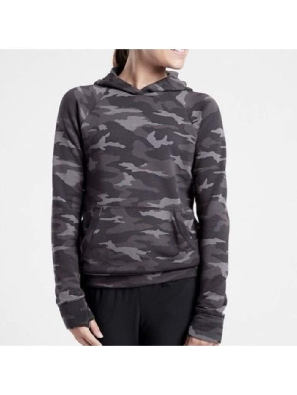 Athleta Girl Camo Pullover Hoodie Youth XL 14 Gray Black Activewear